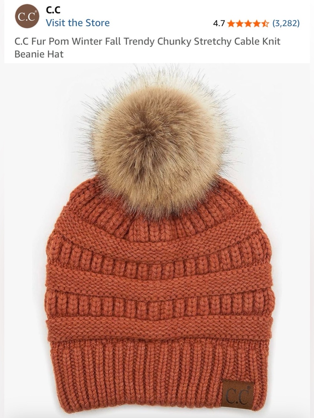C.C Knit Pom Beanie in Bright Clay with Faux Fur Pom